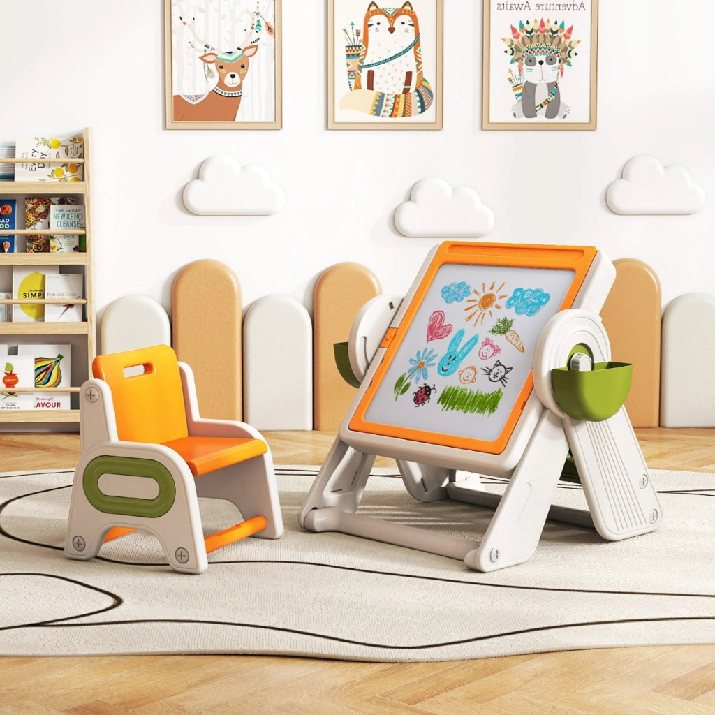 Set tavolo e sedia multifunzione 6 in 1 per bambini 18+ Mesi, Cavalletto pieghevole con piano reversibile e porta penne Arancione-Tavoli e sedie