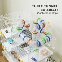 Gabbia per Criceti a 4 Livelli con Tubi, Ruota, 3 Porte e Vassoio, in Metallo, PP e PS, 78x45x73 cm, Bianco