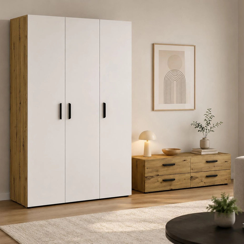 Armadio Camera da Letto Randazzo, Guardaroba 3 Ante Appendiabiti, 111x52 cm Marrone Rovere Nodi