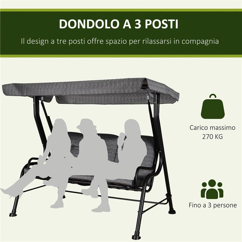 DONDOLO DA GIARDINO PER 3 PERSONE CON TETTUCCIO REGOLABILI 200X120X170CM NERO