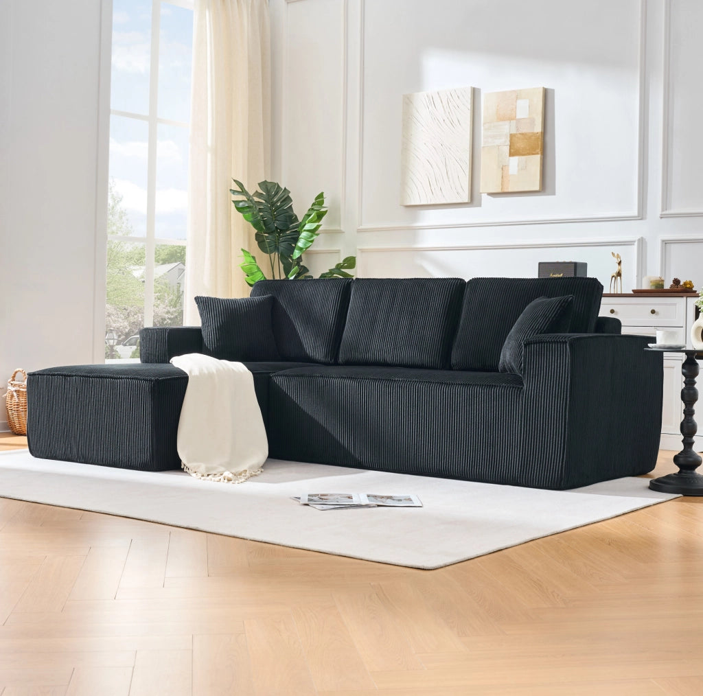 Divano angolare modulare a L in tessuto corduroy nero; 235x128x60 cm; con 2 cuscini