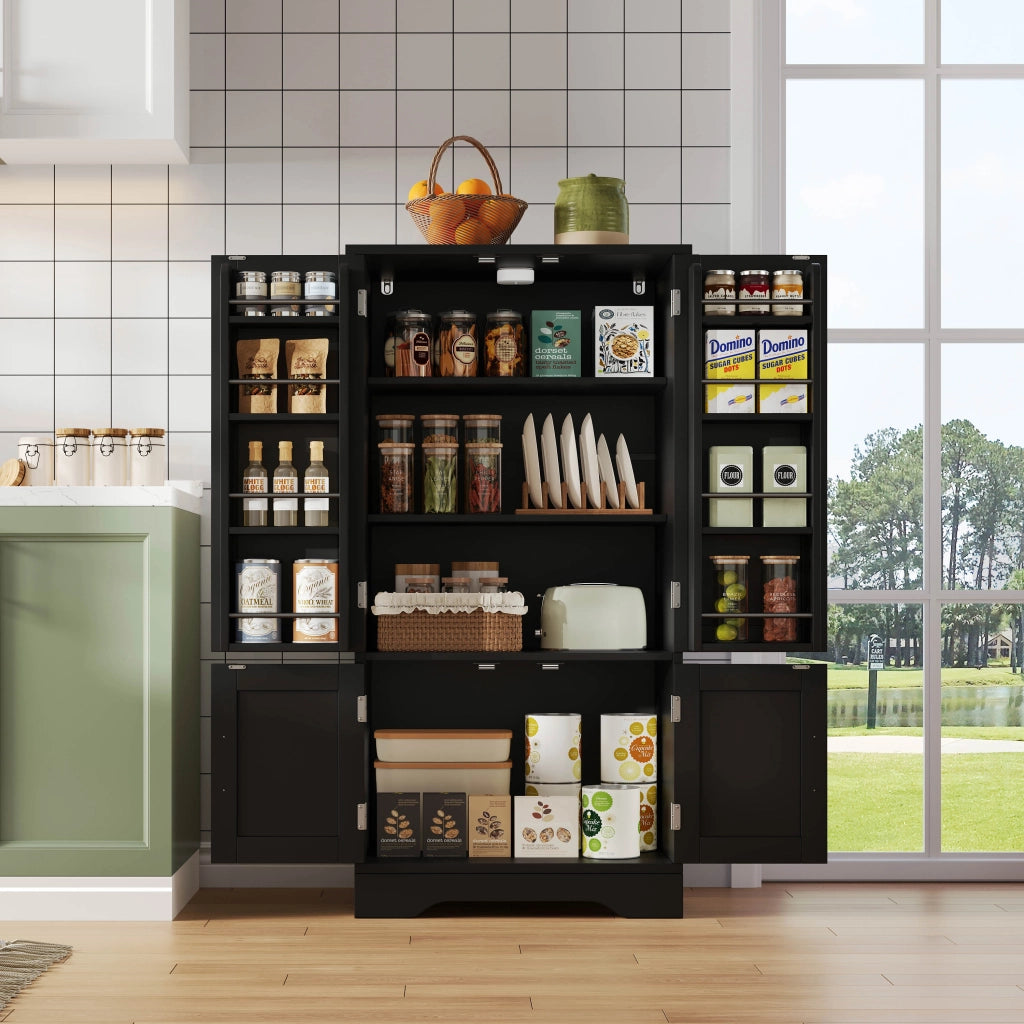 Credenza alta moderna 120x60x40 cm in MDF, 4 ante, con luce LED a sensore, nero