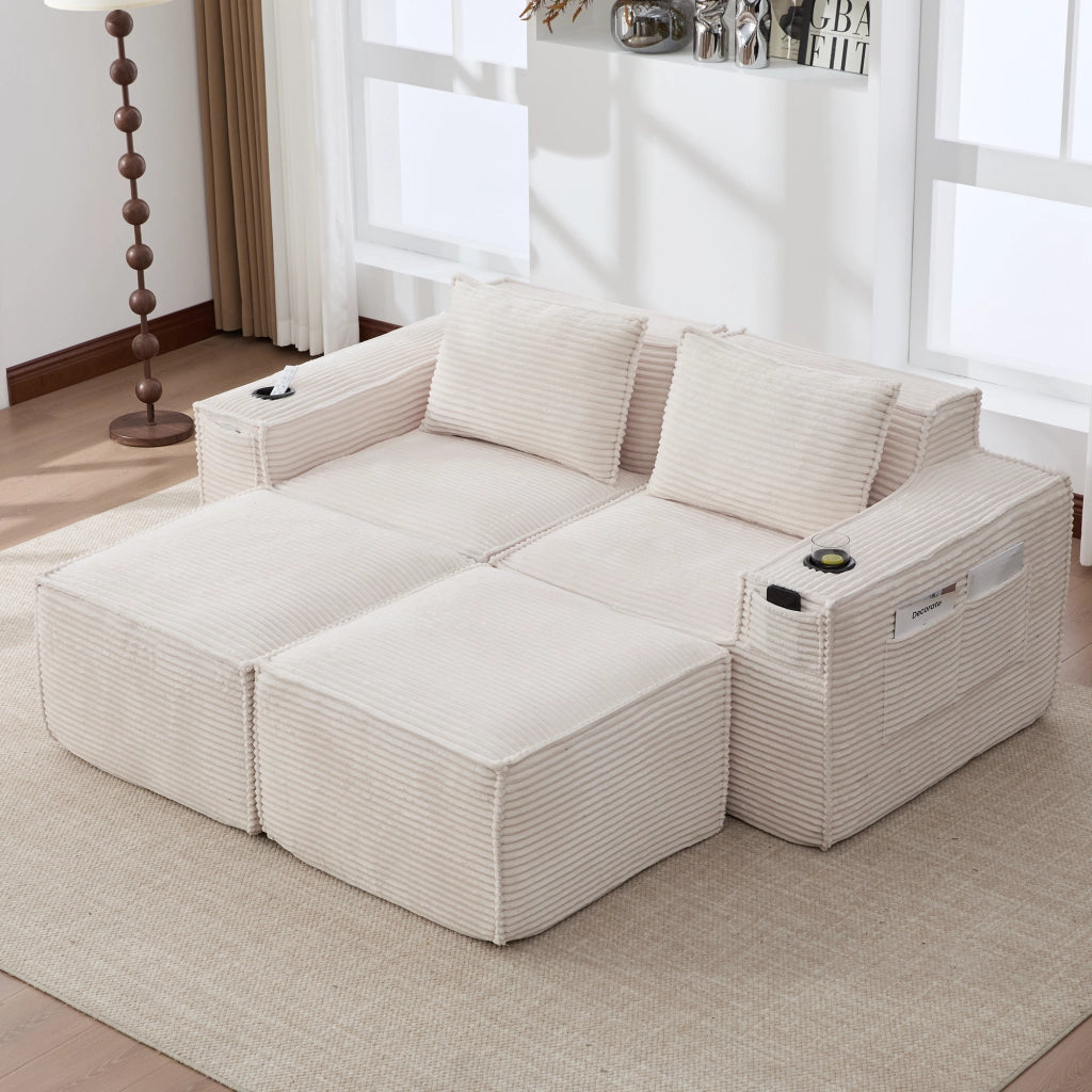 Divano modulare 2 posti in tessuto a coste con portabicchieri e tasche laterali beige 188 × 162 × 75 cm