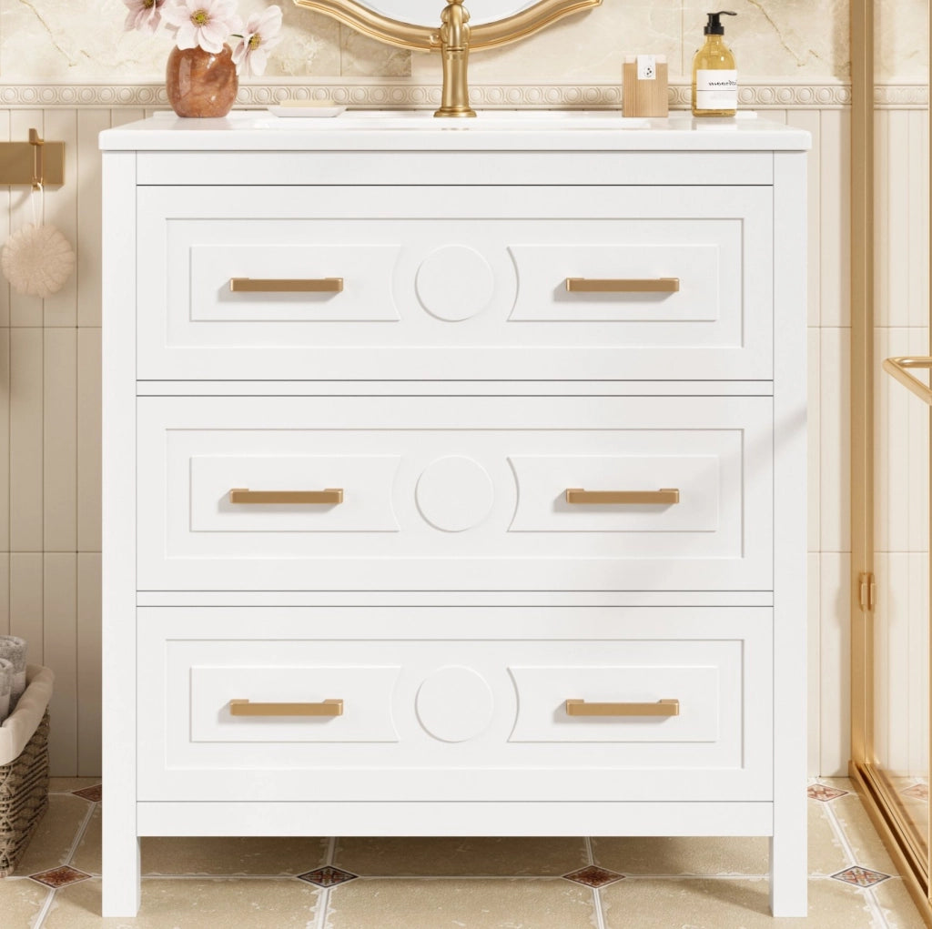 Mobile lavabo freestanding bianco 76,5x47x82 cm in MDF e ceramica con 3 cassetti