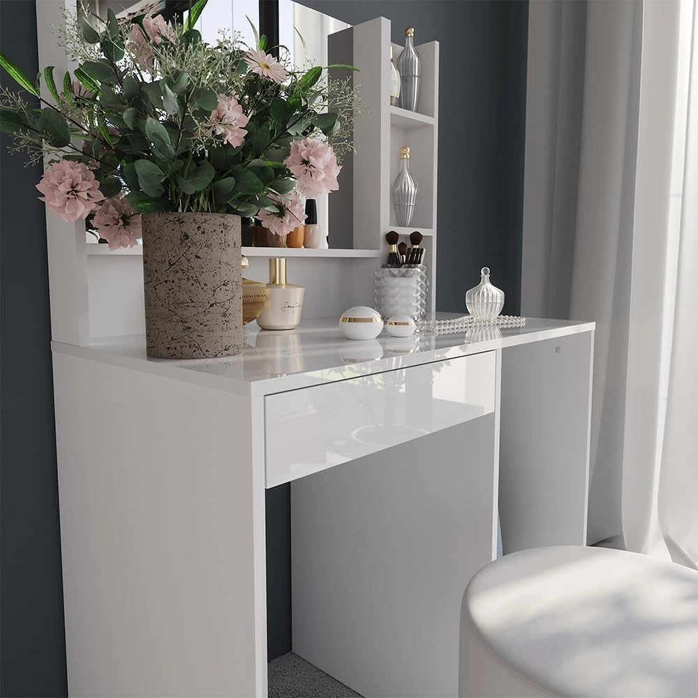 Tavolo da toeletta Sherry, Bianco/bianco lucido, 89.8 cm 4 parti