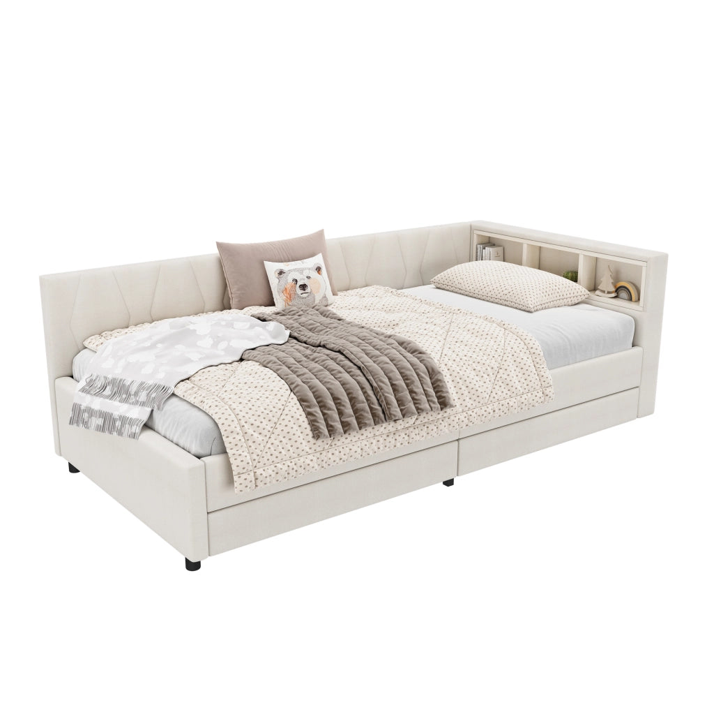 Divano letto daybed 90x200 cm in lino beige con LED; USB tipo C; 2 cassetti e vani portaoggetti