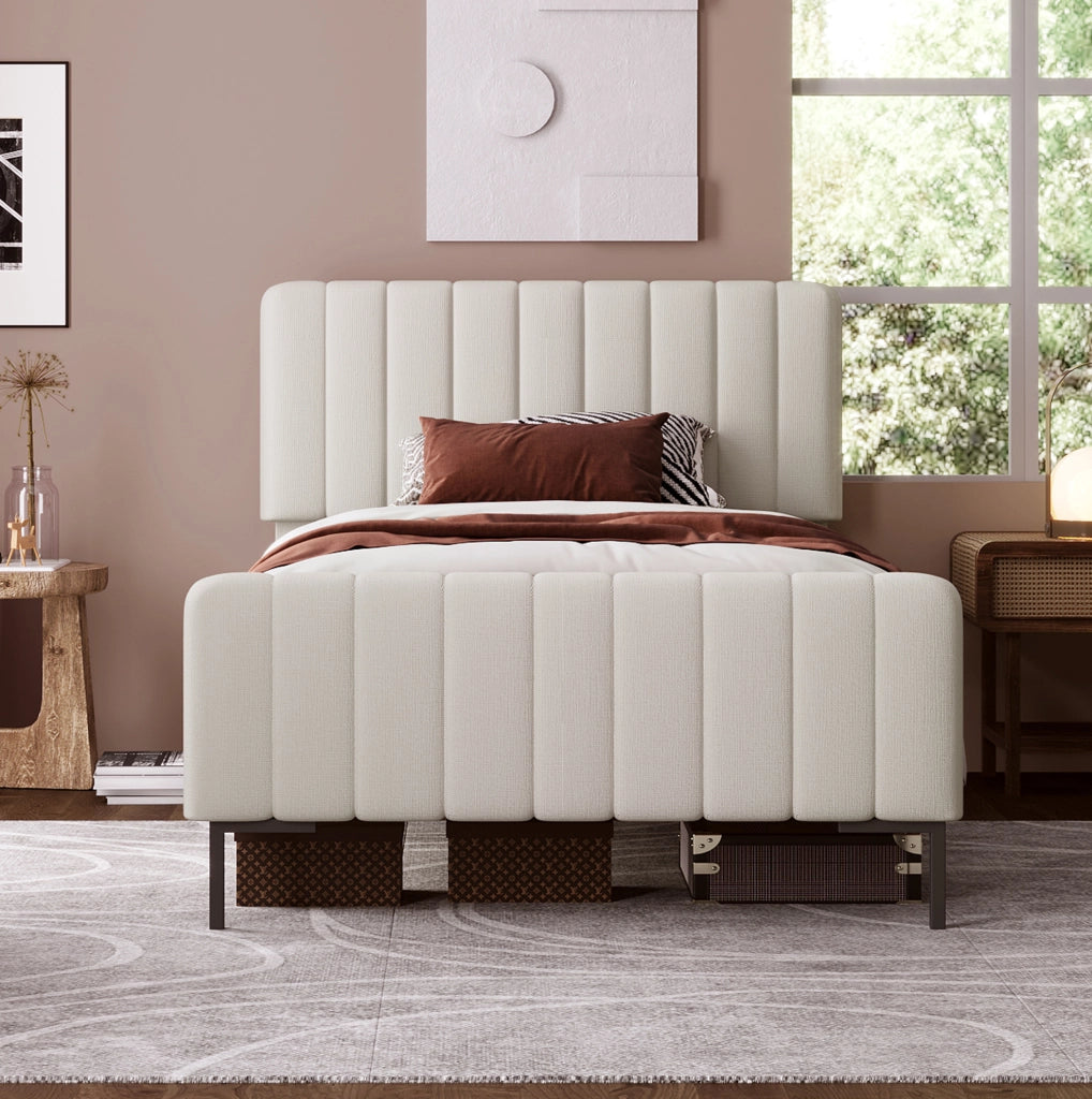Letto singolo imbottito 90x200 cm in lino grigio-beige con testiera regolabile