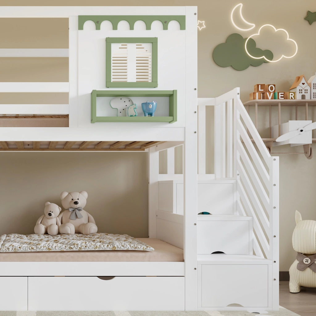 Letto a Castello 90x200 cm - Armadio a Gradini; 2 Cassetti e Ganci - Bianco e Verde