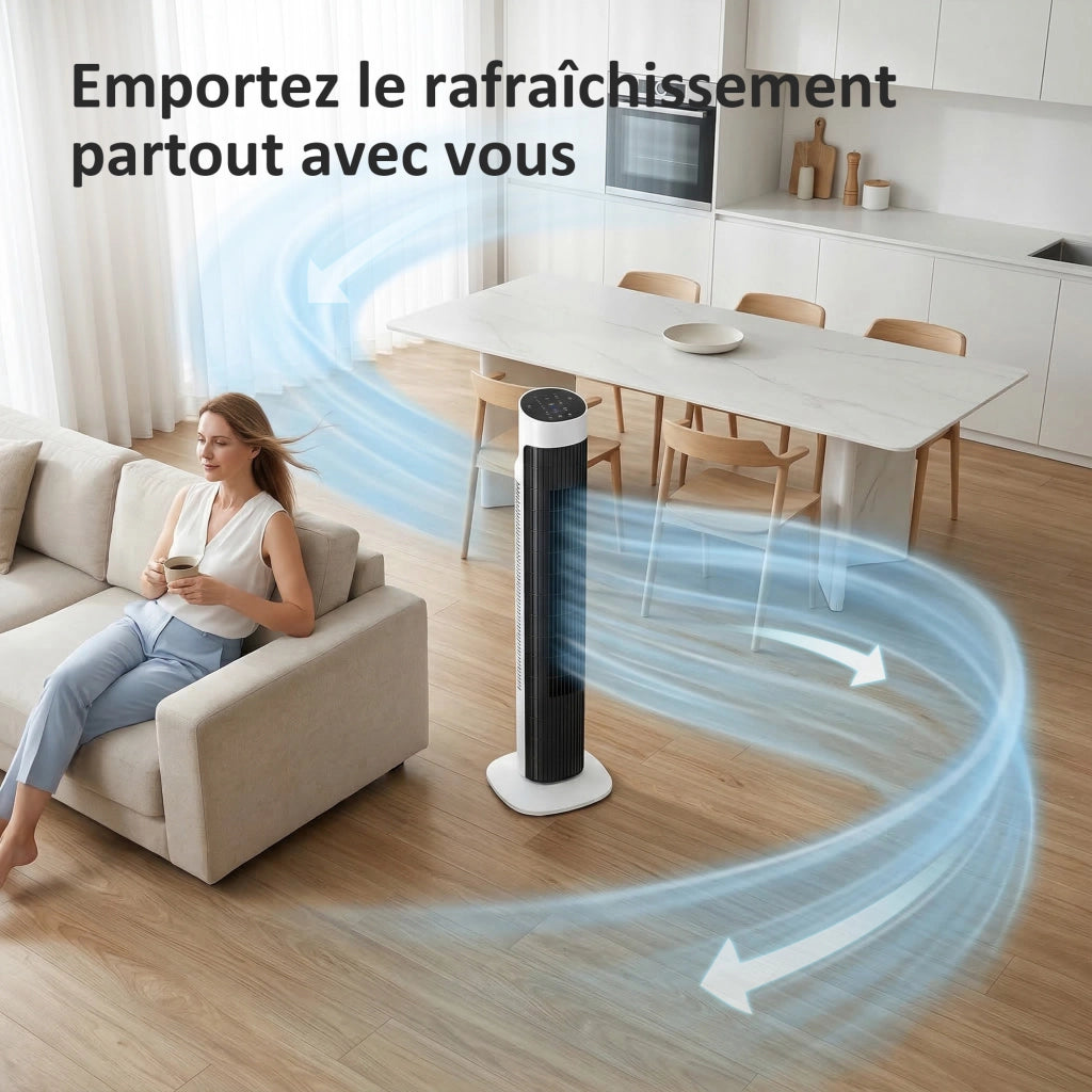 Ventilatore a torre oscillante ¨C Zephmum ¨C Bianco e Nero, 70¡ã, LED, telecomando, timer 12H