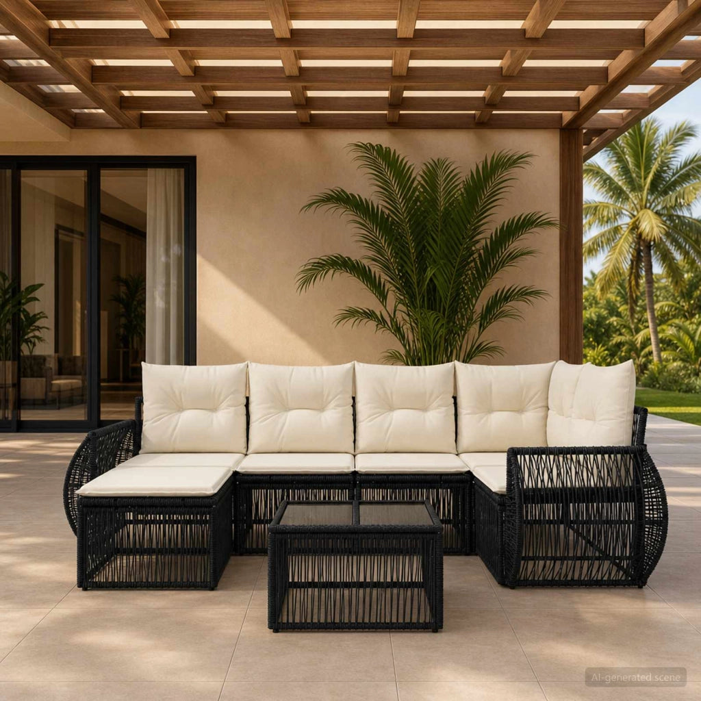 Set Divano da Giardino 7 pz Nero e Bianco Crema polyrattan 3435487