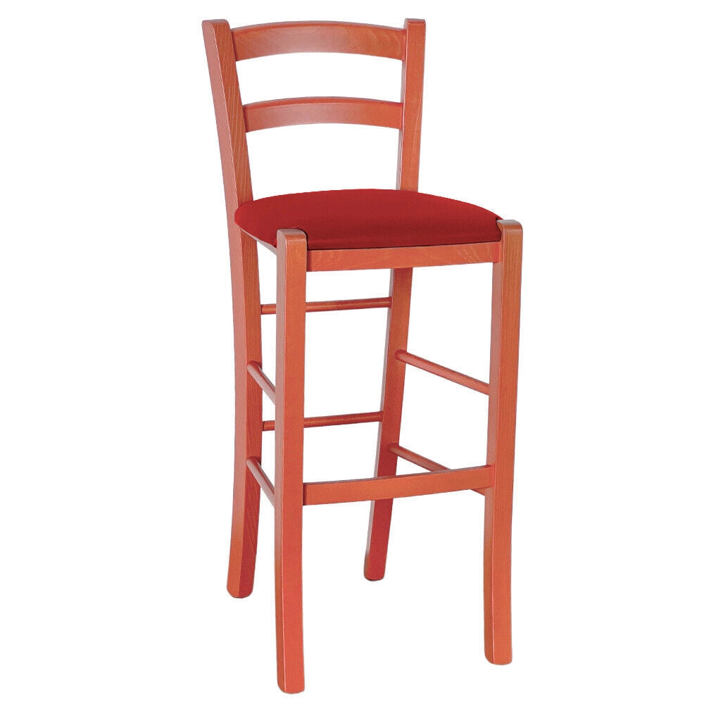 Sgabello Alto in Legno arancione h 73 cm Rustico con seduta similpelle rosso