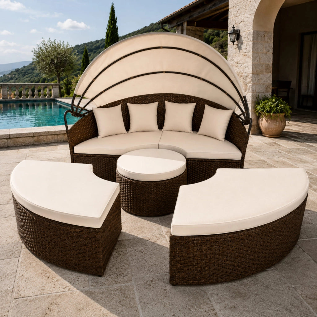 Isola Prendisole Modulare In Polyrattan Con Set Arredo Da Esterno Completo Di Tavolino Integrato E Quattro Cuscini E Tettuccio Parasole Pieghevole Per Giardino Terrazza Beige E Marrone