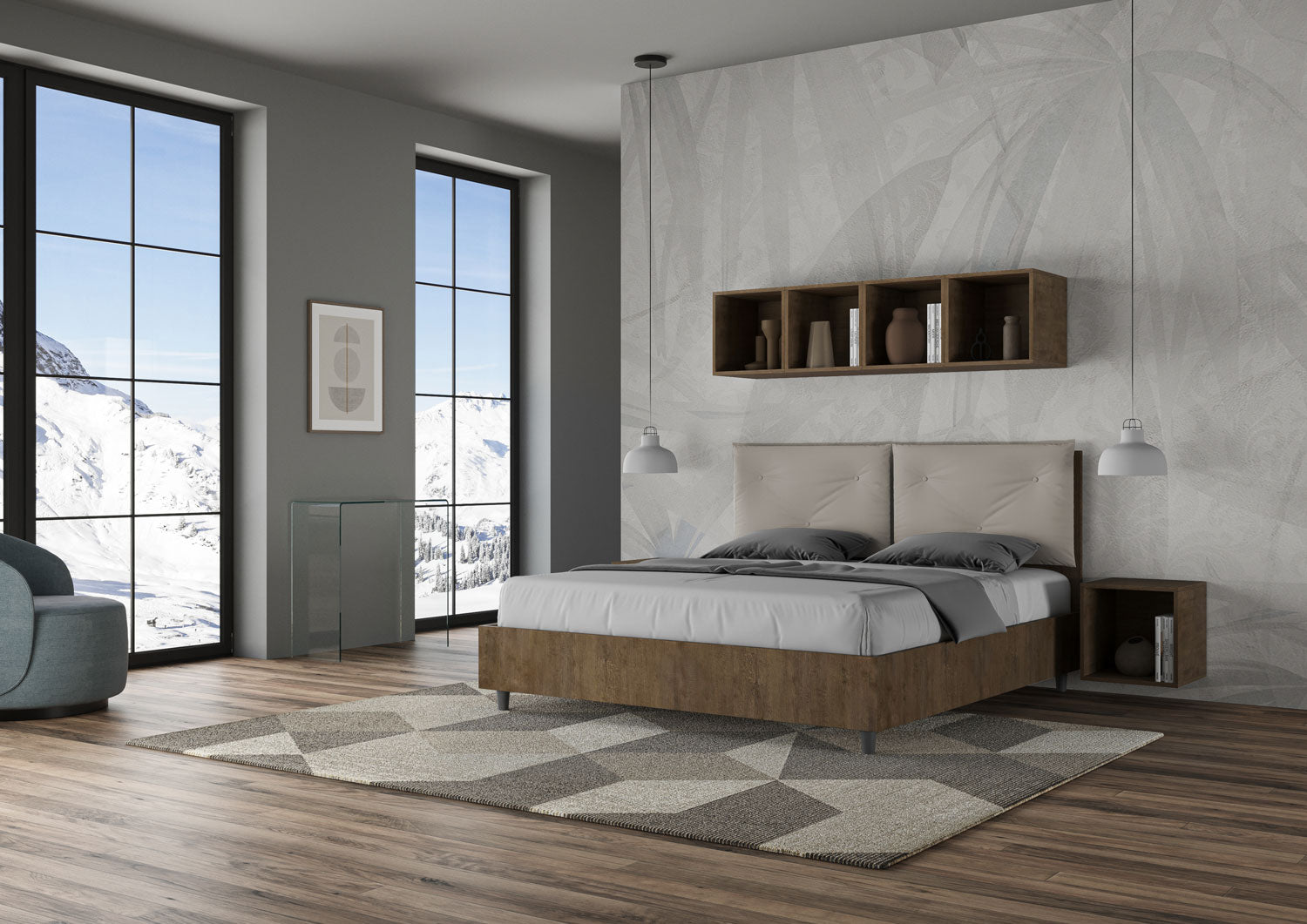 Letto Matrimoniale 160x190 cm con Rete e Contenitore Struttura Noce con Cuscini in Similpelle Egos Appia Tortora