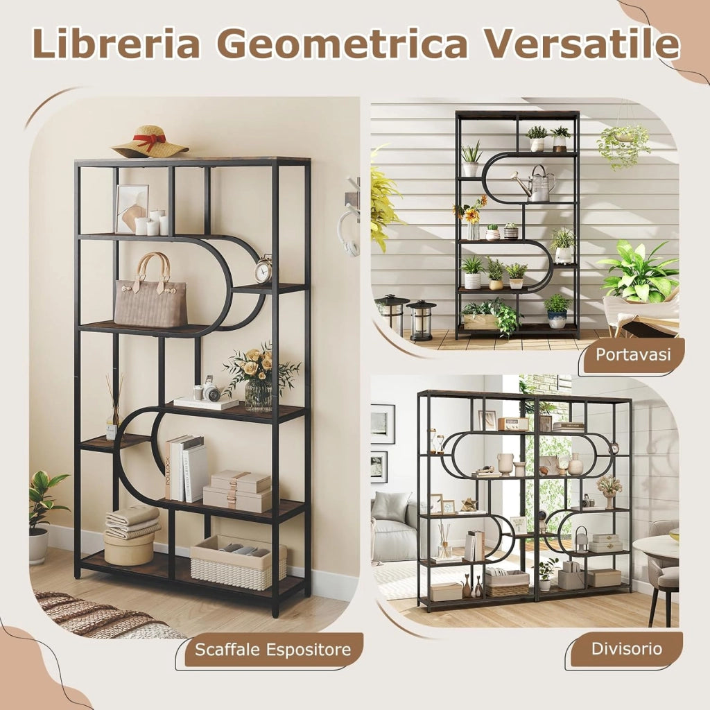 Libreria a 5 Ripiani, Scaffale Alto Autoportante a Forma Ovale con Ripiani Aperti, Struttura in Metallo, Organizer per Soggiorno e Ufficio di Casa, 95x30x175 cm (Marrone)