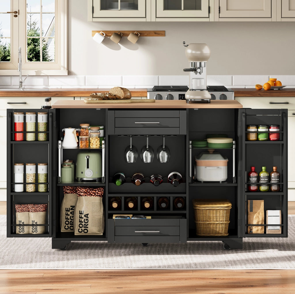 Carrello cucina con piano pieghevole e portabottiglie