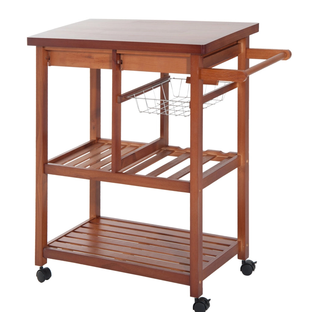 Carrello Portata da Cucina in Legno con Portabottiglie. Cestello. 2 Ripiani. 2 Cassetti. Legno di Pino. Resistente. Agevole. Versatile. 84.5x37.2x85cm
