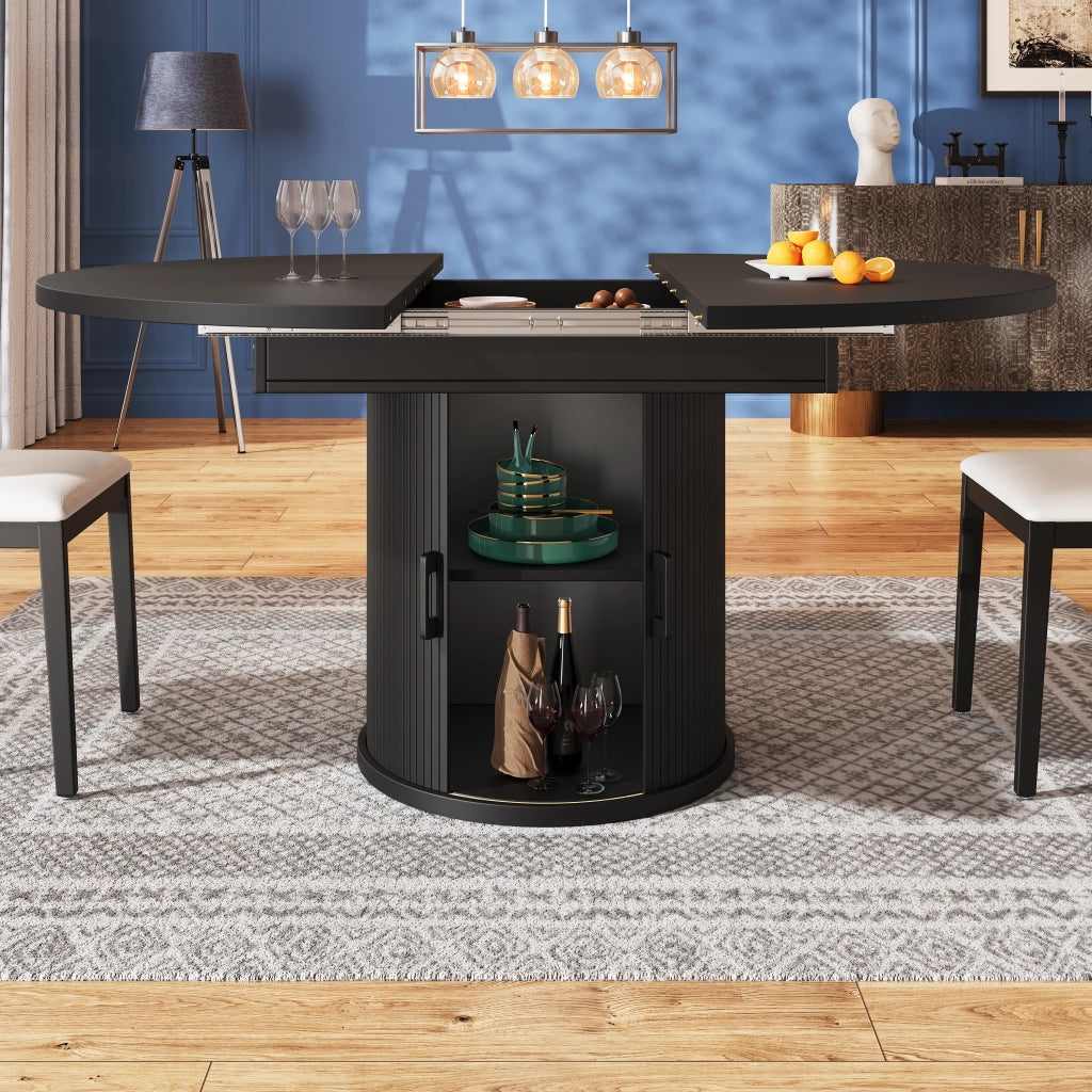 Tavolo da pranzo allungabile rotondo in MDF con piano scorrevole e 2 vani contenitore per cucina soggiorno e balcone