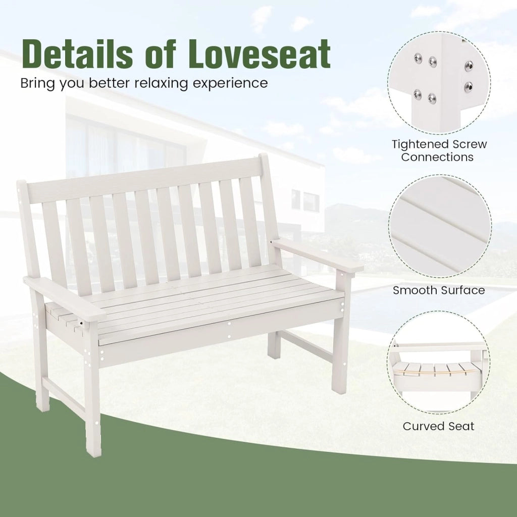 GIANTEX Panca da giardino per 2 persone, panca da parco in plastica con schienale alto, panca da esterno, resistente alle intemperie, per giardino, patio, terrazza, 132 x 65 x 91 cm (bianco)