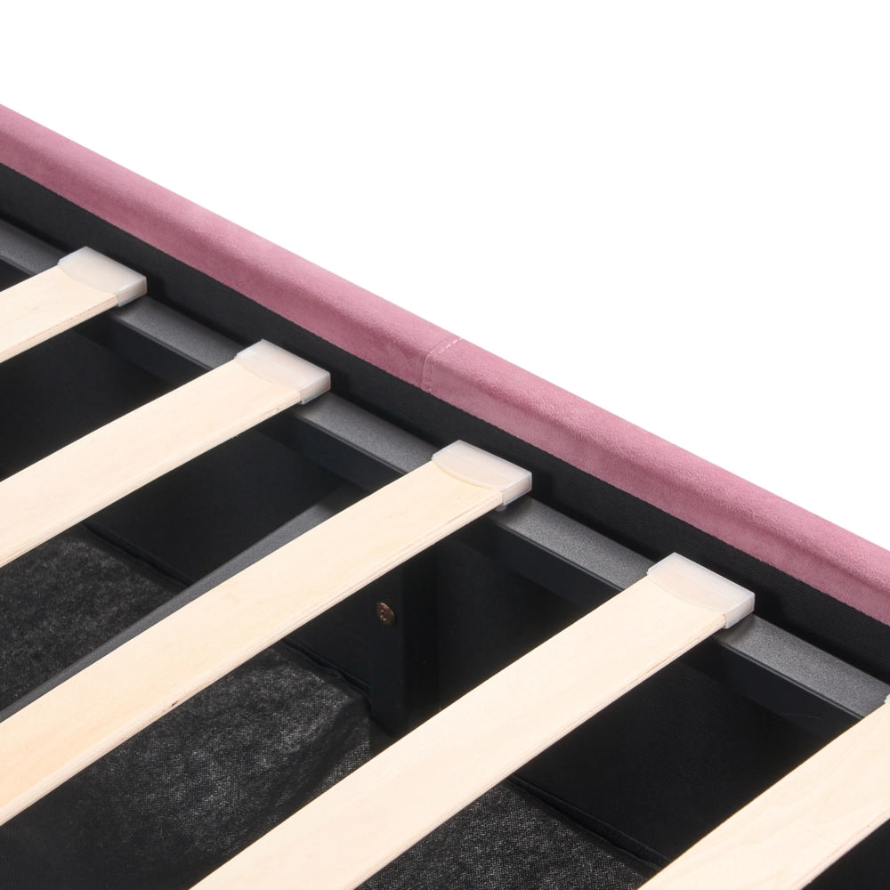 Letto contenitore Rivestimento in velluto rosa 140 x 200 cm con testiera trapuntata a diamante con base a doghe