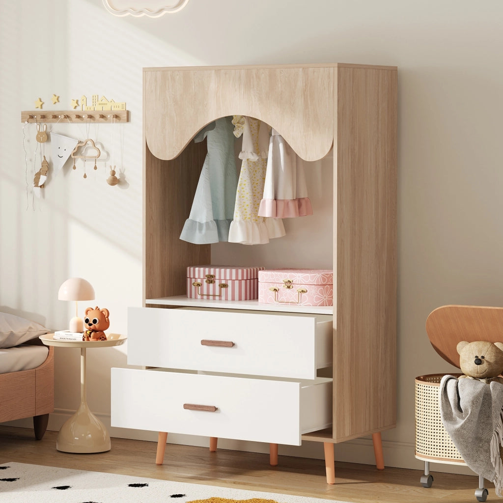 Armadio aperto con asta appendiabiti e 2 cassetti in MDF, maniglie in legno massello, per camera da letto, 80 × 46 × 141,5 cm