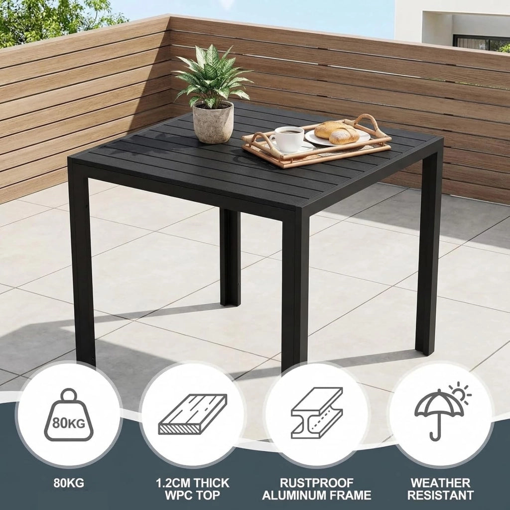 Set di mobili da giardino, 5 pezzi, con 4 poltrone impilabili e 1 tavolo quadrato WPC, mobili da balcone, mobili da terrazza per tutte le stagioni, terrazza, giardino ed esterni