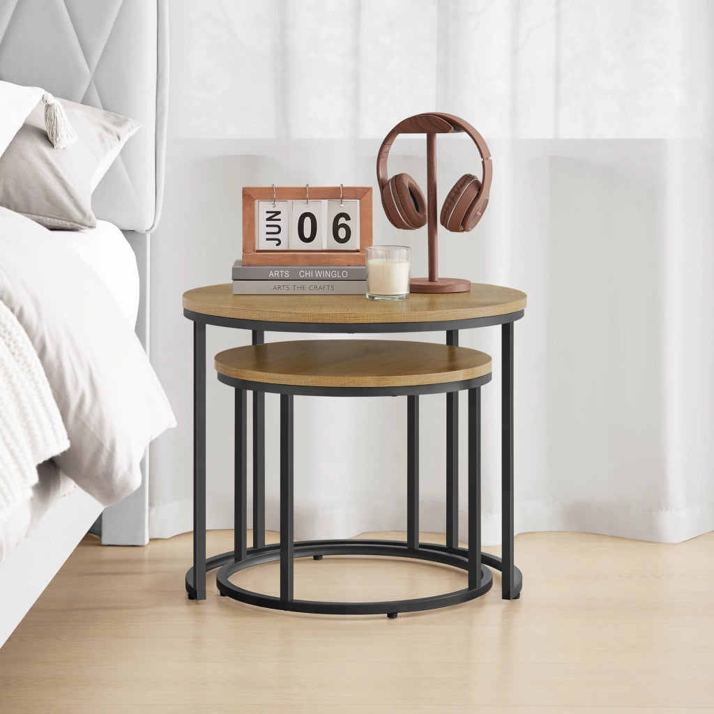Set di tavolini rotondi VALORA - Stile industriale, gambe in rovere/nero x2