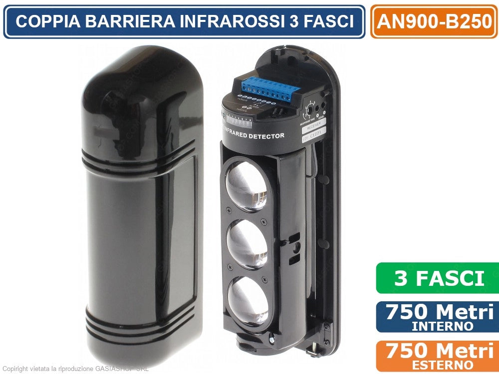 BARRIERA PERIMETRALE CABLATA PORTATA 750 METRI INTERNO 250 METRI ESTERNO 3 FASCI REGOLABILI DA ESTERNO IP65