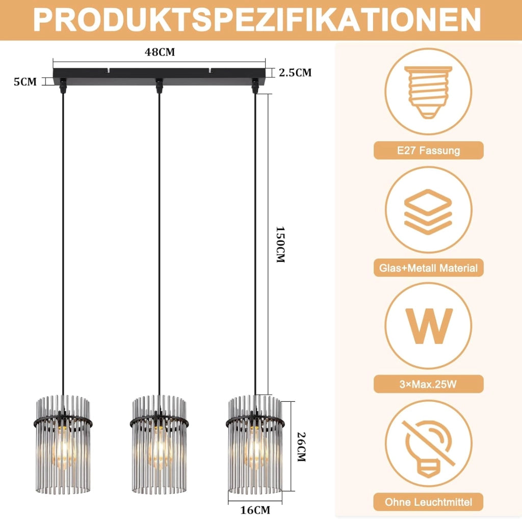 Lampada a sospensione ZMH vintage a 3 fiamme in vetro nero E27 (senza lampadina)