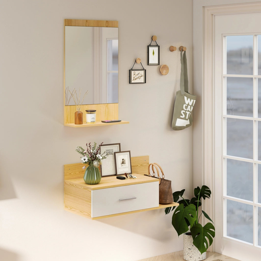 Set Mobili da Ingresso con Specchio Mensola e Mobiletto a Parete in Legno e Vetro Naturale