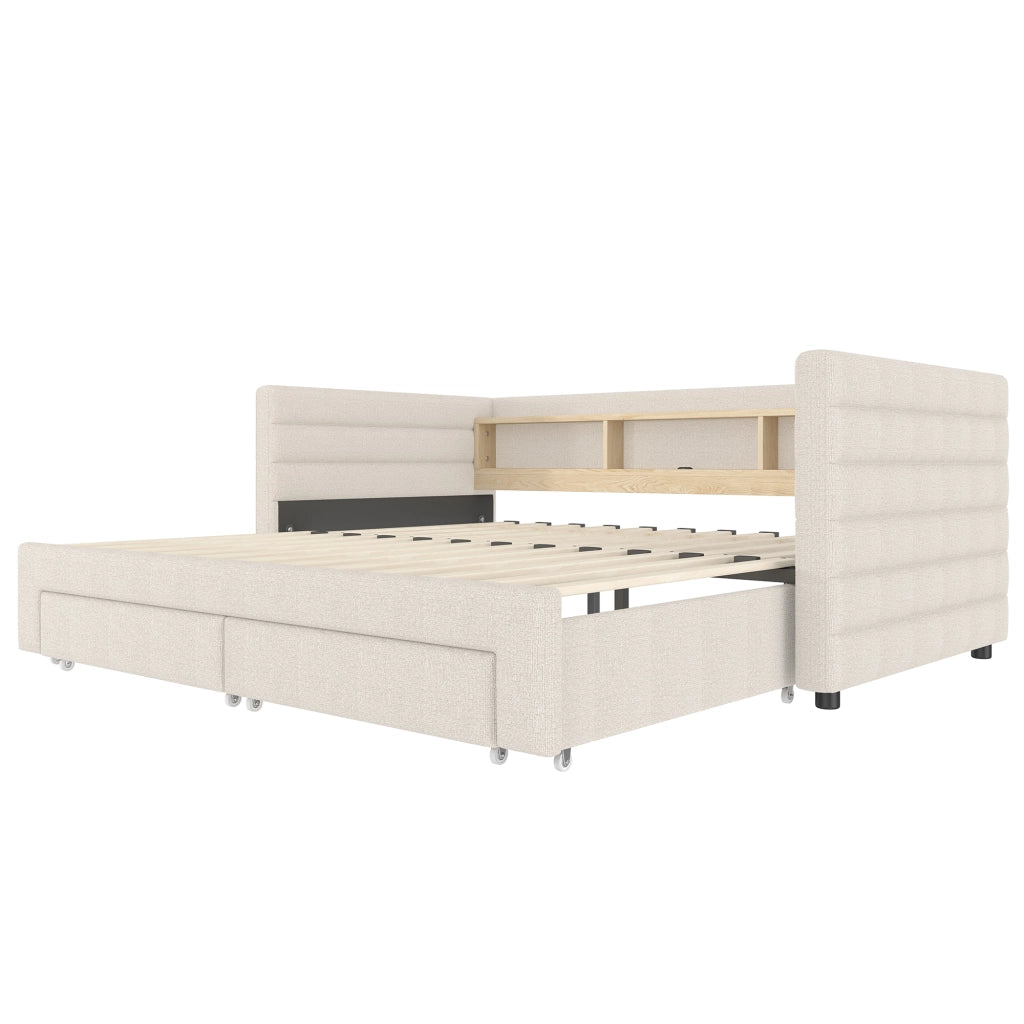 Letto estraibile singolo 90×190 cm con LED; USB; Type-C; 2 cassetti e vani; senza materasso; velluto beige