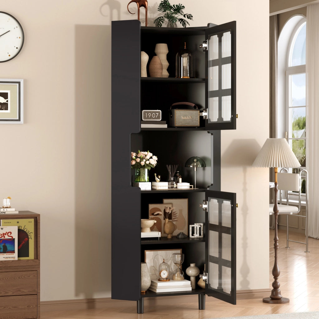 Armadietto angolare con LED e 2 ante in MDF laccato nero con ripiano aperto per soggiorno bagno e camera 63,5 × 157,5 cm