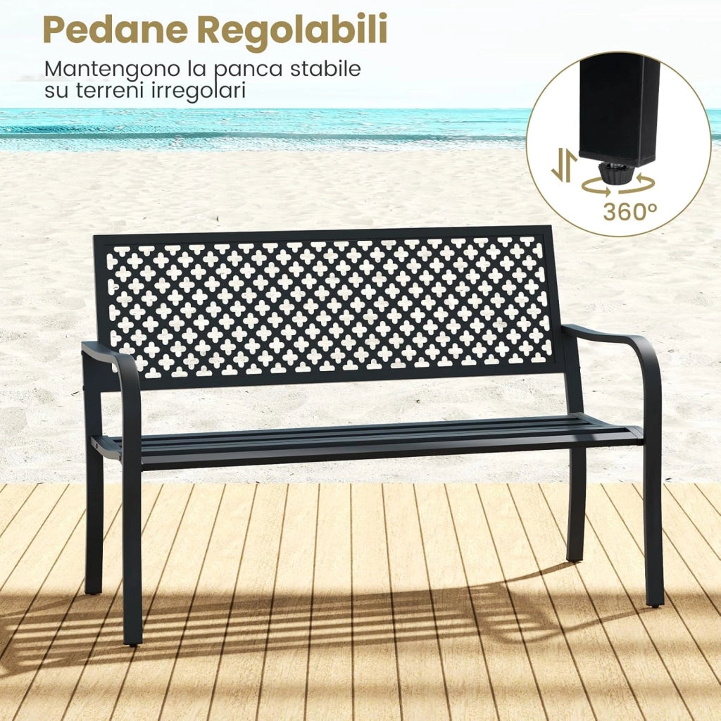 Panchina da Esterno, Panca da Giardin in Metallo con Schienale Traforato, Sedile a Doghe e Braccioli, Panchina Moderna per Cortile, Terrazzo e Giardino, Portata 300 kg (Nero)
