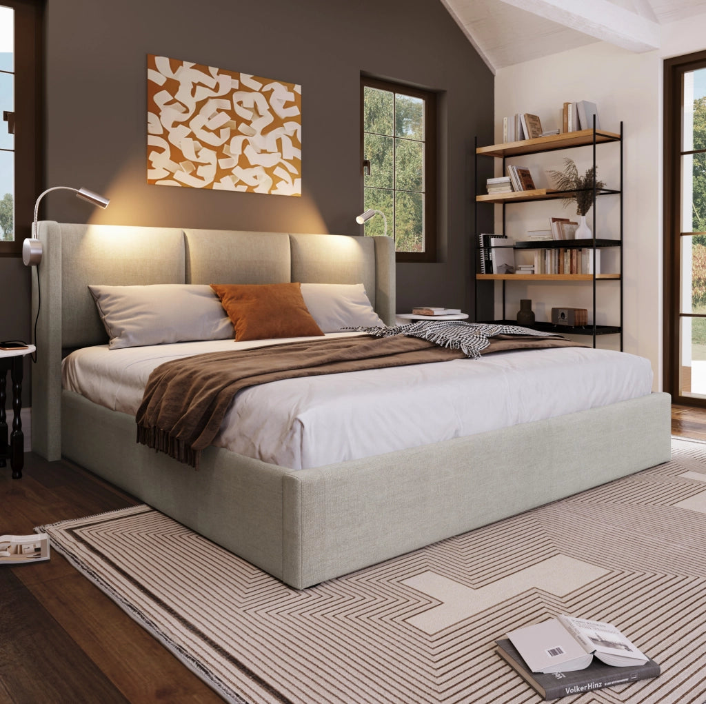 Letto imbottito 140x200 cm beige con contenitore, luce da lettura USB e materasso H3
