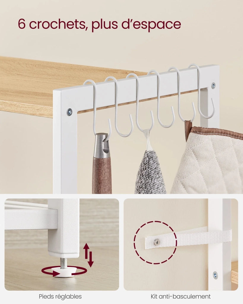 Mensola da cucina indipendente con 2 cestelli in metallo 35 x 80 x 95 cm stile panetteria con ganci e ripiani ripiano per microonde bianco 12_0006121