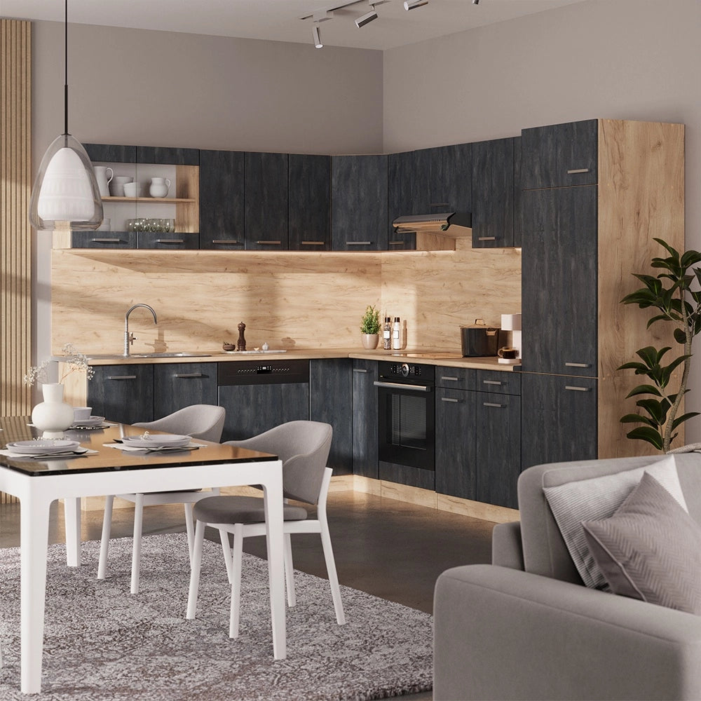 Cucina angolare completa R-Line Calce nera/Rovere dorato 287 x 227 cm PL Marmo Vicco