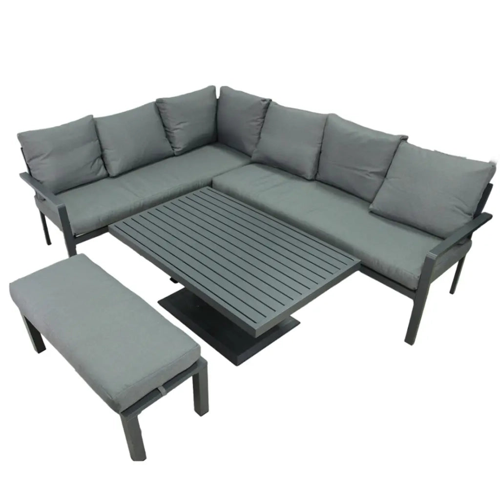 Salotto da giardino ad angolo 7 posti in alluminio grigio con tavolo regolabile e pouf – FERONA