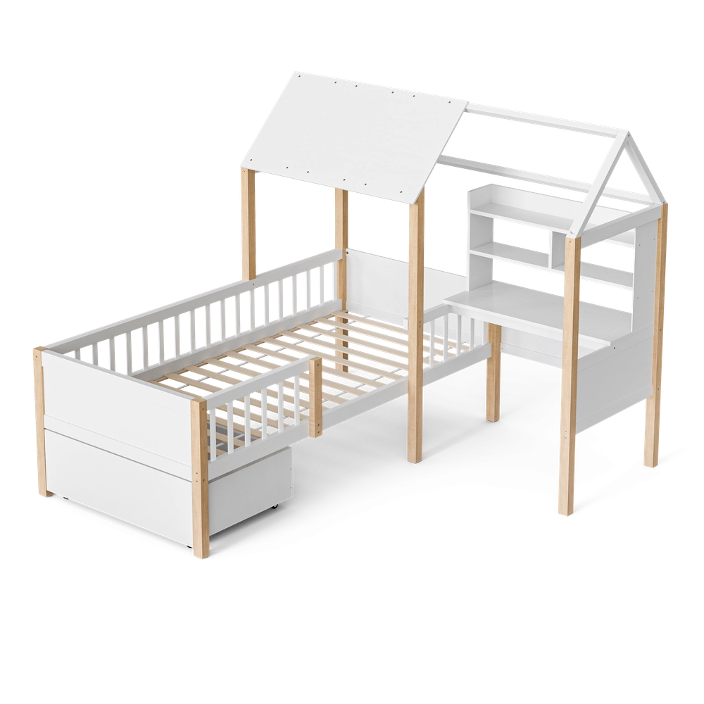 Letto Casetta Bambini con Scrivania e Libreria ¨C MINIMAL ¨C Massello Bianco 90x200