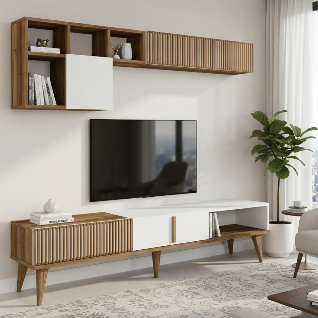 Parete attrezzata Ostro, Composizione soggiorno, Mobile salotto multiuso, Armadio porta TV, 180x35h40 cm, Noce e Bianco