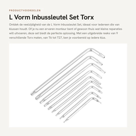 Set di chiavi universali 9 pezzi - forma L - Torx T6-T27 - chiavi universali - kit di riparazione - attrezzi da mano - set di chiavi 

Modello: 
Inbussleutelset 9 Stuks