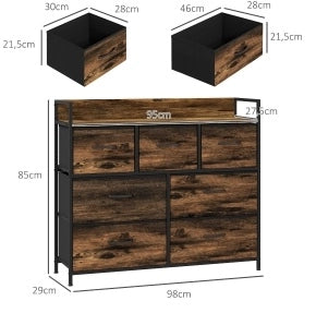 Cassettiera 98x29x85 cm con 7 cassetti pieghevoli; struttura in acciaio; poliestere marrone