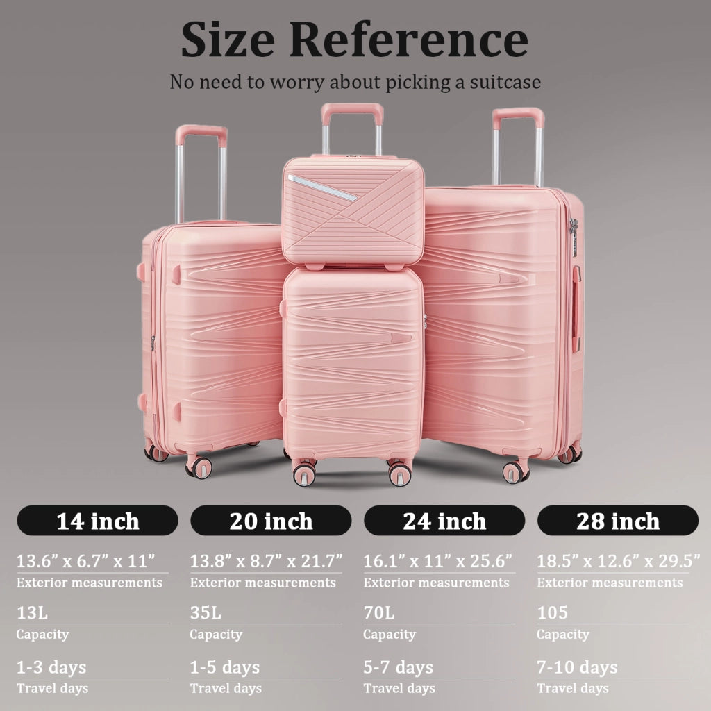 Set di valigie rigide in PP composto da 4 pezzi (20/24/28 pollici), con beauty case da 14", ruote rimovibili per risparmiare spazio e lucchetto a