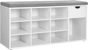 VASAGLE Panca Scarpiera, Panca Contenitore con Cassetto e Scomparti Aperti, Scaffale Portascarpe, Seduta Imbottita, Ingresso Camera da Letto, 30 x 104 x 48 cm, Bianco e Grigio LHS24WT