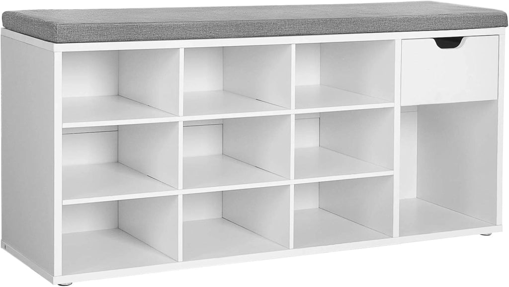 VASAGLE Panca Scarpiera, Panca Contenitore con Cassetto e Scomparti Aperti, Scaffale Portascarpe, Seduta Imbottita, Ingresso Camera da Letto, 30 x 104 x 48 cm, Bianco e Grigio LHS24WT