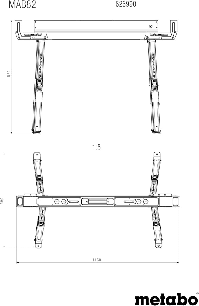 MAB 82 - Cavalletto da lavoro compatto pieghevole con maniglia per il trasporto, gambe regolabili, superficie zincata verniciata a polvere