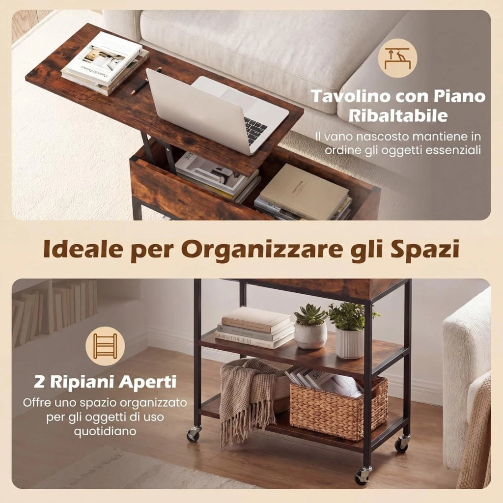 Tavolino Laterale con Ruote, Tavolino con Piano Ribaltabile, Stazione di Ricarica, Ripiani di Stoccaggio Aperti, Mobile Industriale per Studio, Salotto, Divano, 60 X 24 X 67,5 CM