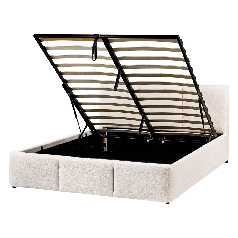 Letto matrimoniale in tessuto bouclè bianco sporco con contenitore 140 x 200 cm Testiera Rivestita Funzione Contenitore
