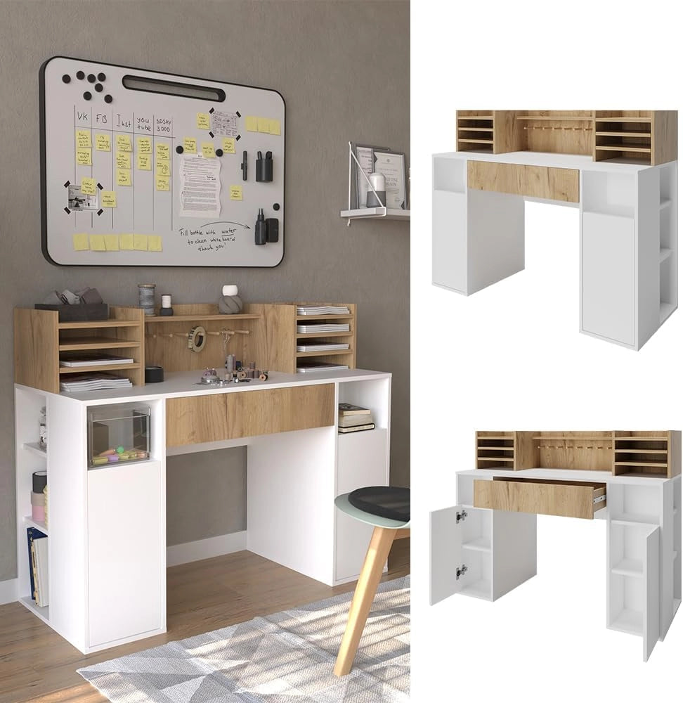 Scrivania con ripiani, Bianco/Sonoma, 126.8 x 50 cm XL con ripiani, adatto come postazione di lavoro con passacavi e superficie d’appoggio