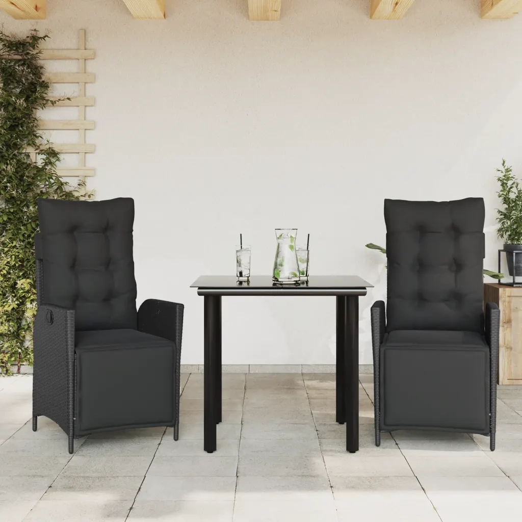 Set da Pranzo da Giardino 3 pz con Cuscini Nero in Polyrattan 3213399