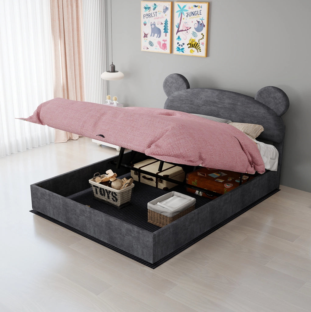 Letto per bambini con contenitore sollevabile e materasso 140x200 cm; velluto grigio