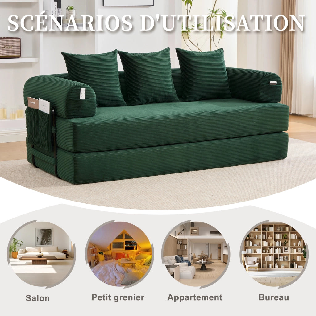 Divano modulare con tasca laterale e 3 cuscini - in corduroy e metallo - verde smeraldo